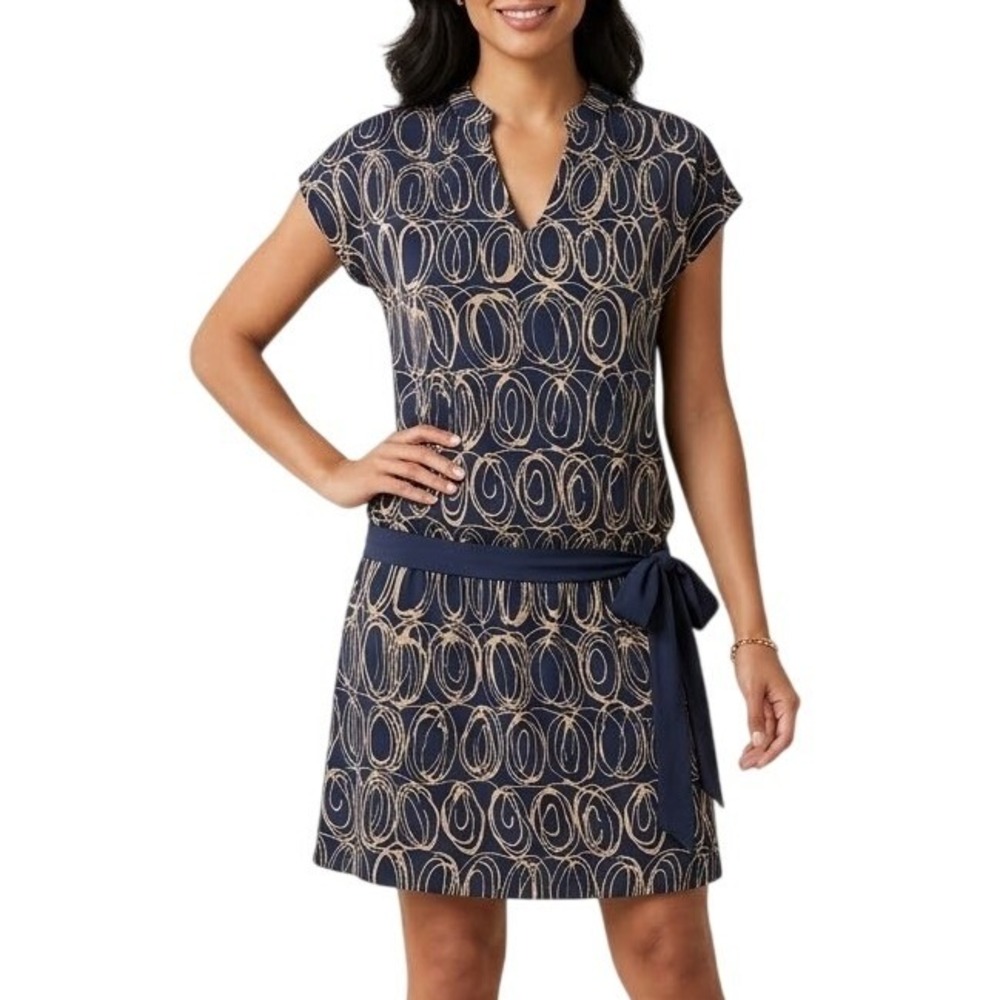Banana Republic Navy Blue Mini Dress   L Tan Abstract Circle Print Elastic Waist